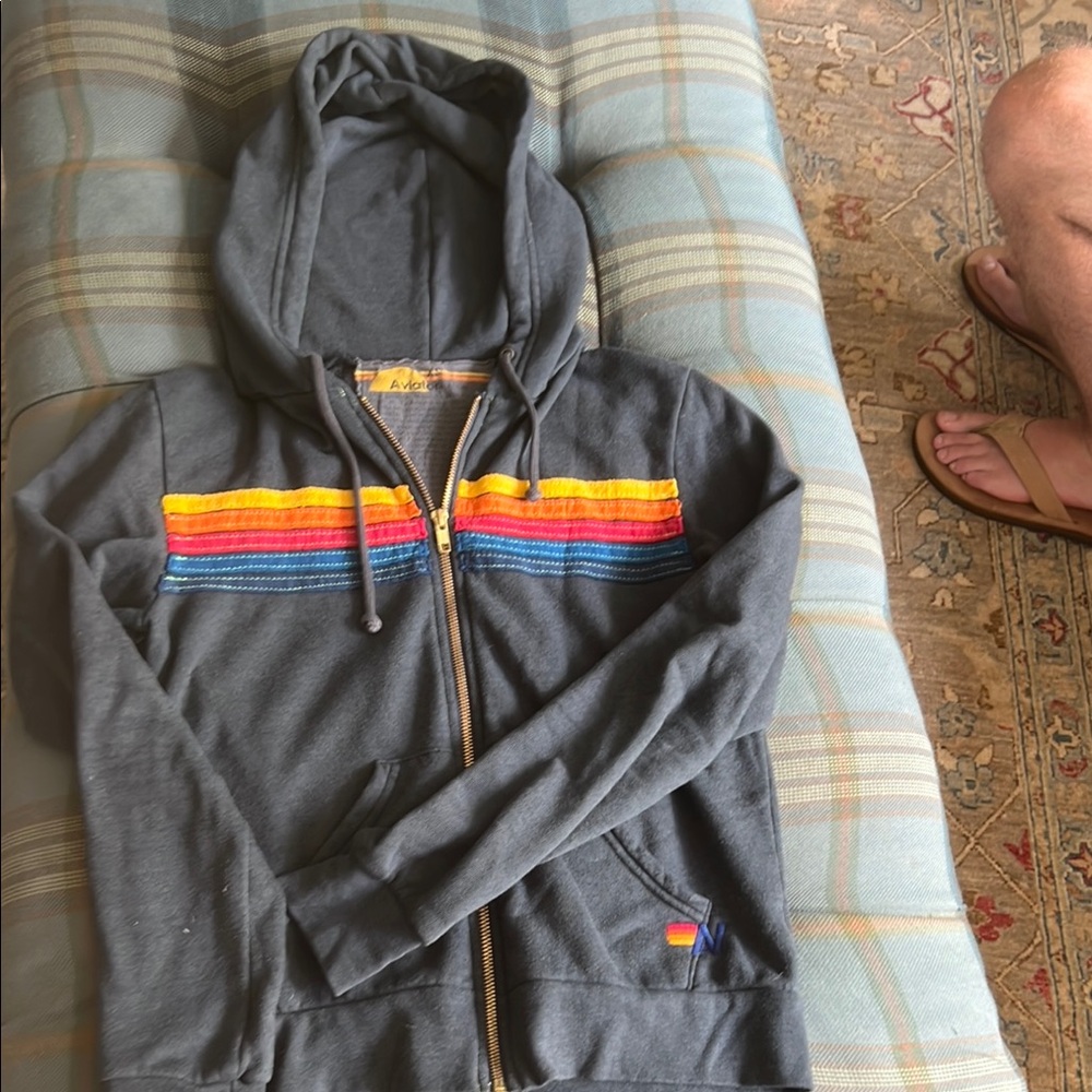 Aviator Nation Gray and Red Zip Up Sweater with Vibrant Stripes